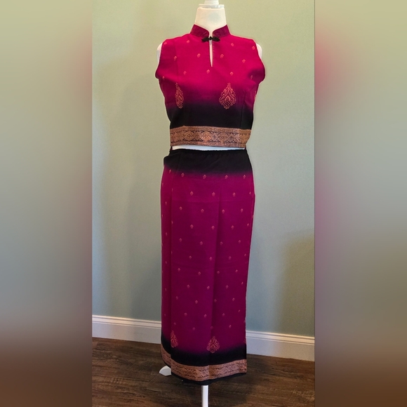 Thai Silk 2-Piece Set - Sleeveless Crop Top & Maxi Wrap Skirt Mandarin Collar - Picture 1 of 16